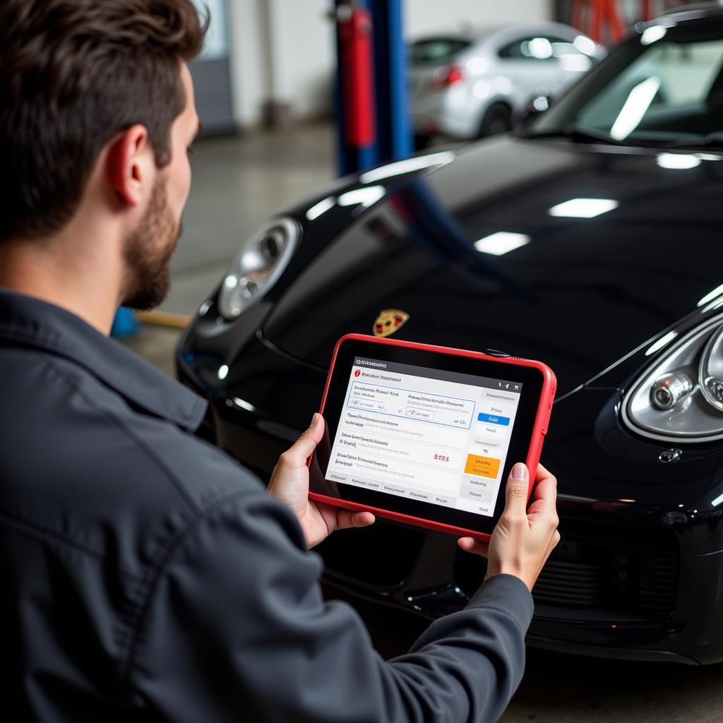 Mechanic Using Schwaben Scan Tool on a Porsche Boxster