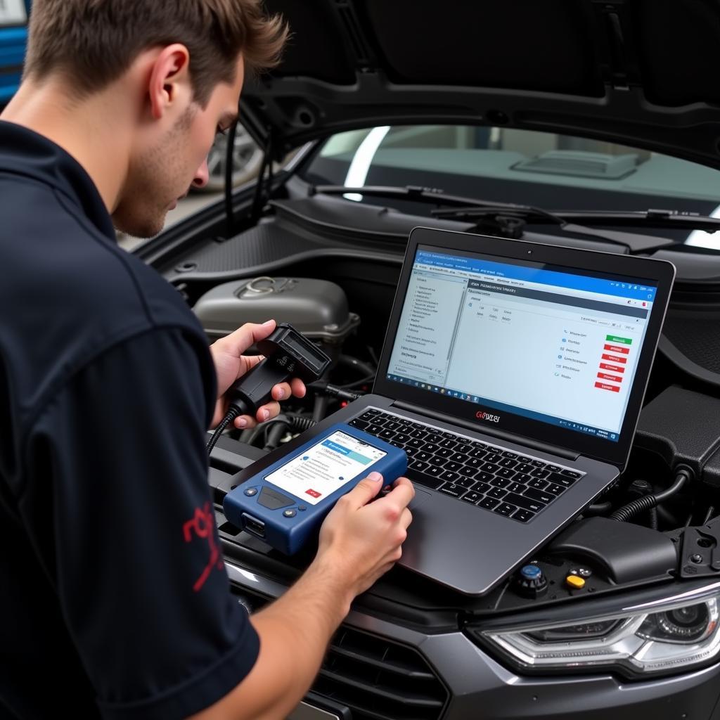 Mechanic Using VCDS Scan Tool on Audi