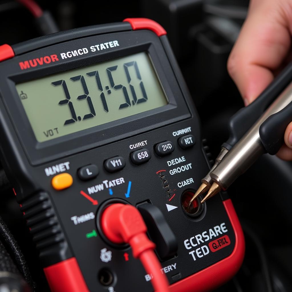 Multimeter displaying car battery current draw