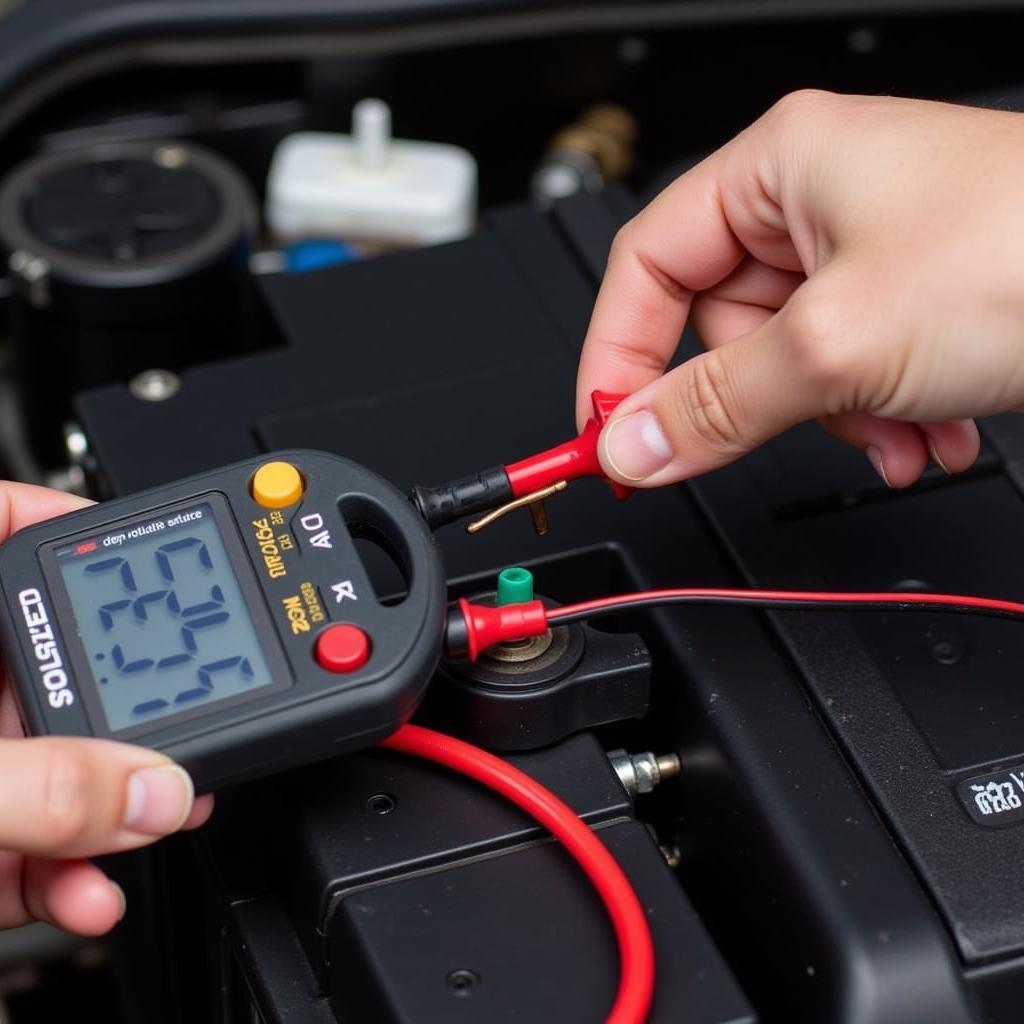 Using a multimeter to test car battery voltage.