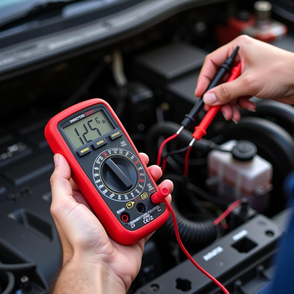 Testing car battery voltage with a multimeter