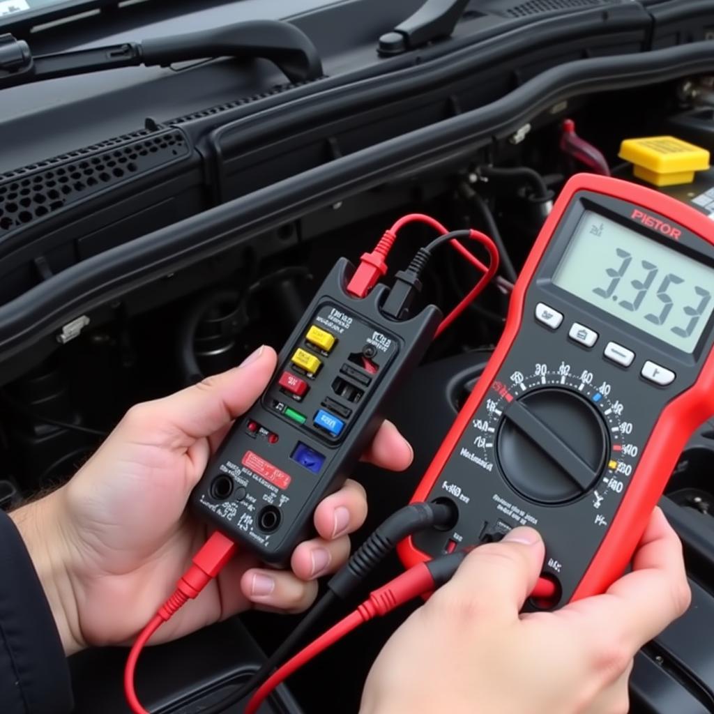 Testing for Parasitic Drain with a Multimeter: A mechanic uses a multimeter to check the current draw of a car's electrical system, demonstrating the process of identifying a parasitic drain.