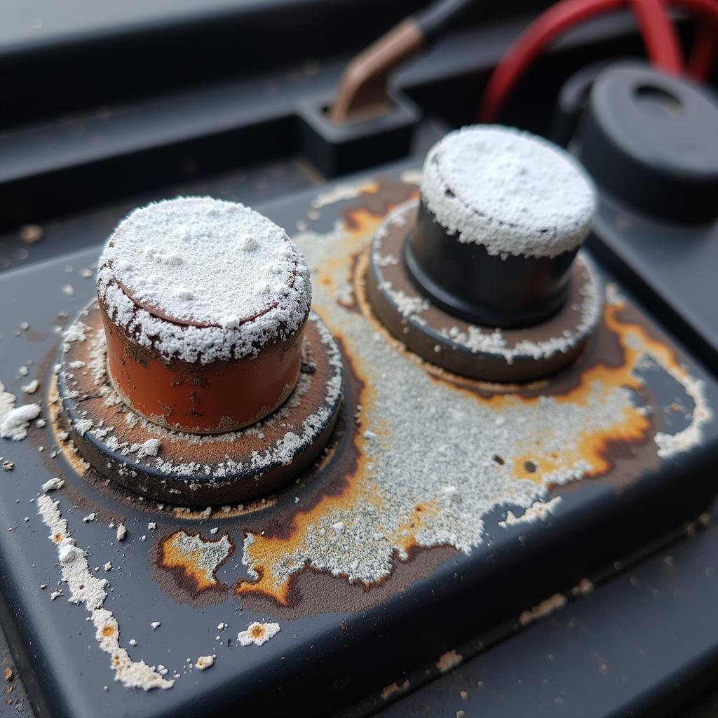 Car battery with corroded terminals indicating a poor connection