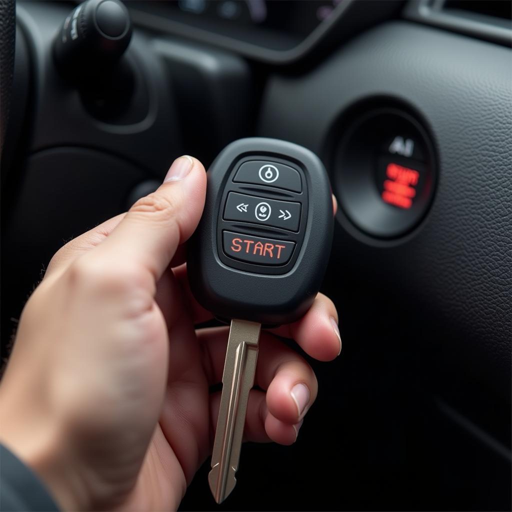 Holding a RAV4 key fob near the start button