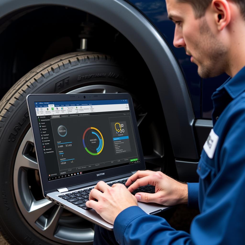 Technician remotely installing software for a vehicle's brake system via a laptop.