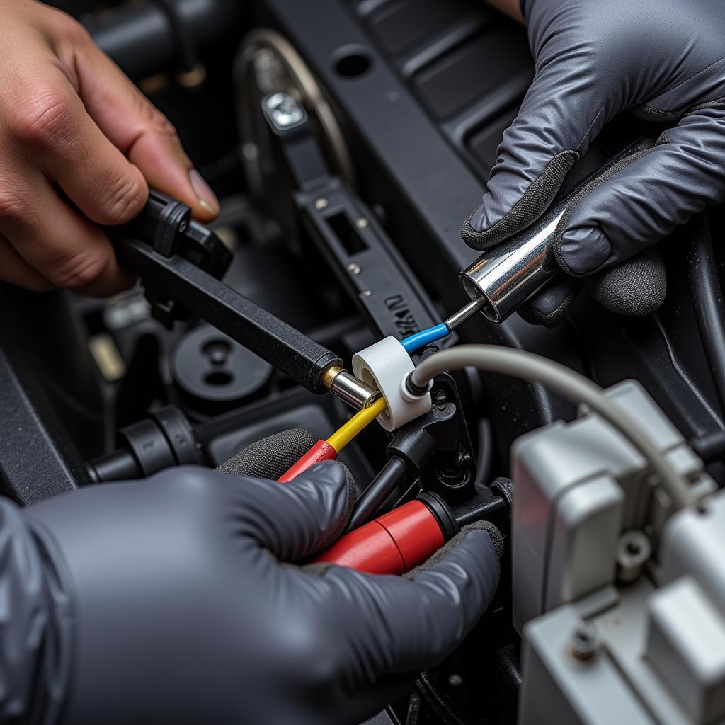 Technician repairing car wiring harness