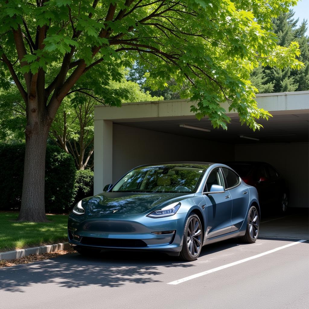 Tesla Parked in Shade Conserving Battery