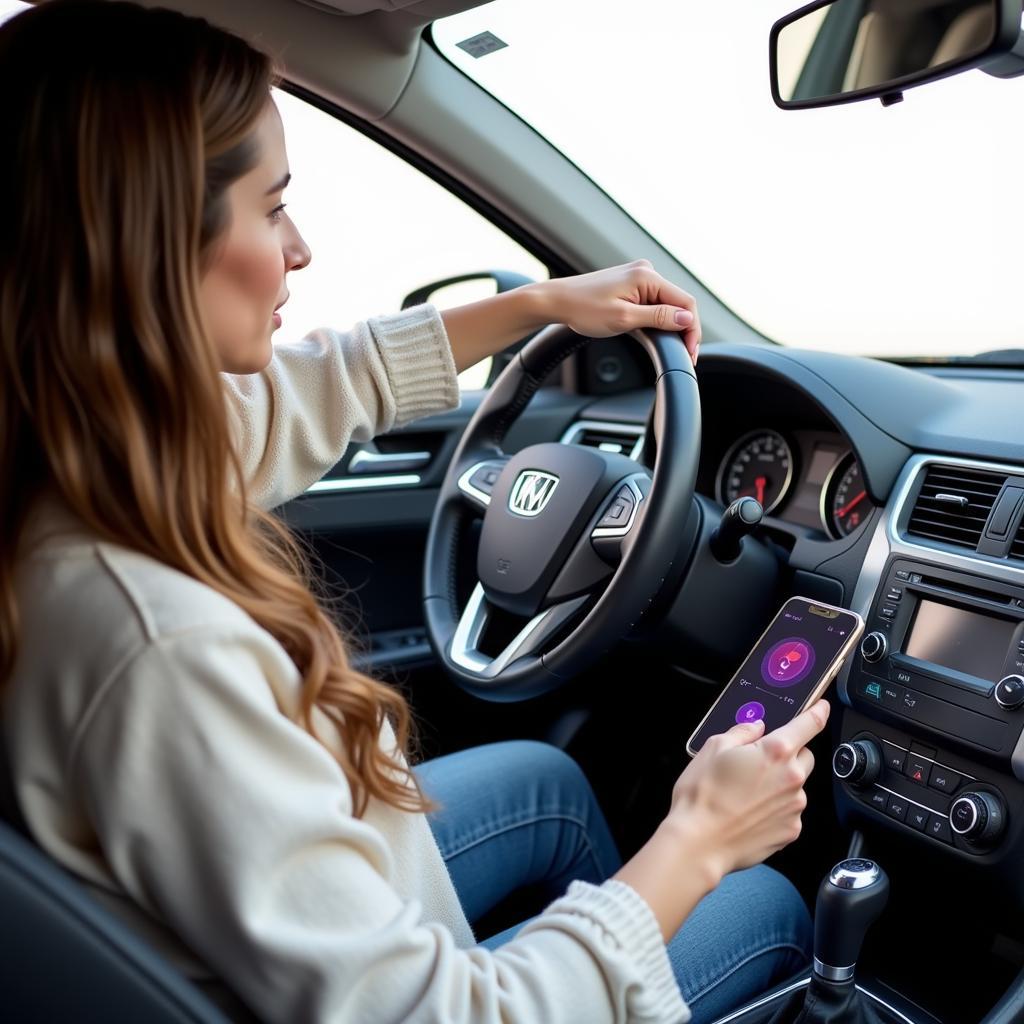 Woman Using Bluetooth FM Transmitter in Car